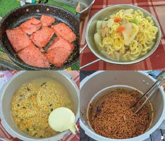 오지탐사대가 먹은 스팸과 라면류. 중식은 대부분 이렇게 먹었다.&nbsp;