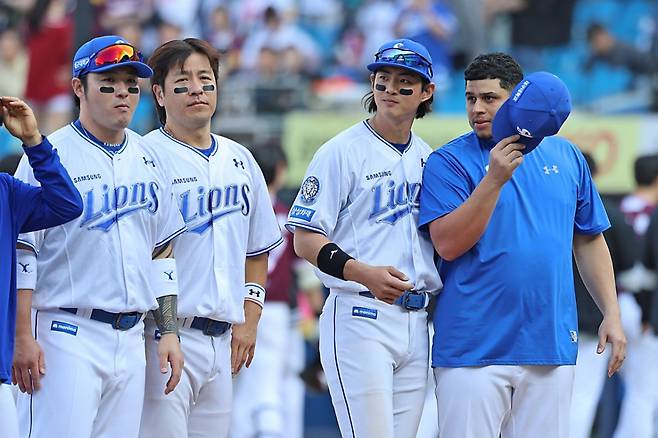 2025시즌 박병호(왼쪽부터), 강민호, 구자욱, 후라도의 모습. /사진=삼성 라이온즈