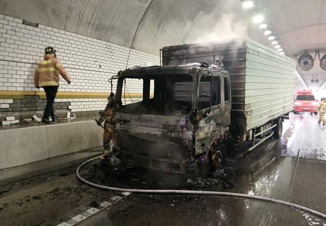 당진영덕고속도로 안평2터널 입구에서 5톤 화물차량이 불에 타 소방당국이 진화하고 있다. /경북소방본부