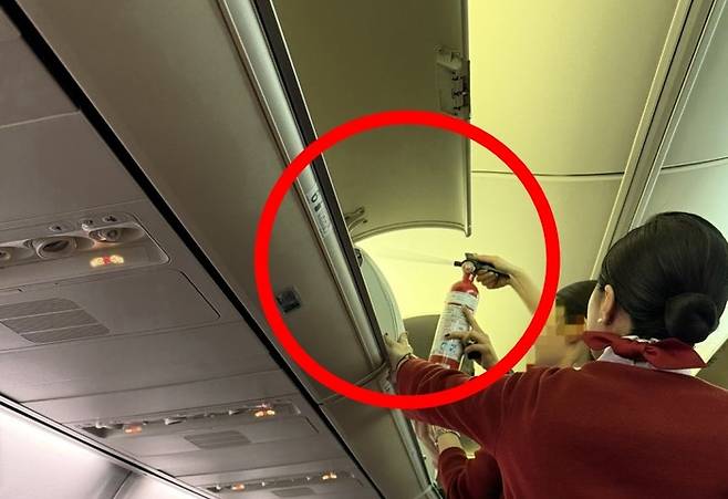 연기를 끄는 이스타항공 승무원들[사진출처=연합뉴스 독자 제공/편집]