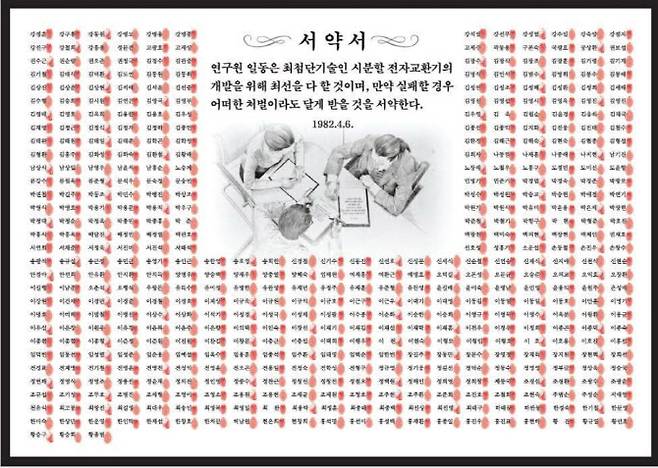 1982년 4월 시분할 전자교환기(TDX)개발에 착수한 한국전자통신연구원(ETRI) 개발자들의 혈서. 출처=류제명 차관 페이스북