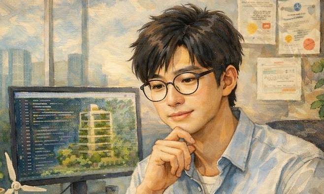 지영 작가가 인공지능 챗지피티에 “건축물 엔지니어링 및 인증 컨설팅 회사에서 인공지능 및 소프트웨어 개발자로 일하는 30대 한국인 남성의 모습(안경 착용)을 수채화/유화 스타일의 일러스트로 그려줘. 책상 위에는 노트북과 건축 도면, 친환경 건축물을 연상시키는 요소들이 있어. 차분한 분위기에서 인간과 기술의 균형을 고민하는 인물이 드러나도록 표현해줘”라는 지시어를 입력해 생성한 이미지.