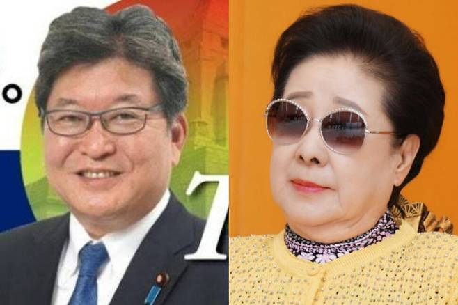 (왼쪽) 하기우다 고이치 자민당 간사장 대행. 하기우다 의원 누리집 갈무리 (오른쪽) 통일교 한학자 총재. 통일교 누리집 갈무리