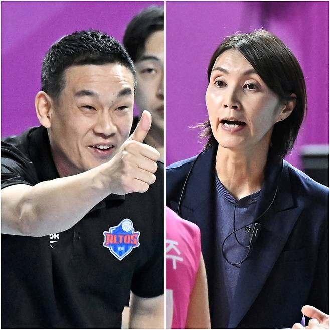 여오현(왼쪽) IBK기업은행 감독 대행과 요시하라 흥국생명 감독. 사진=KOVO