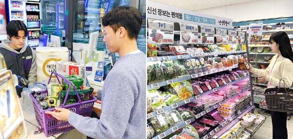 편의점 업계가 주요 1인 가구 증가 추세에 맞춰 가격을 대폭 내린 주요 생필품과 식품 판매에 나섰다. 사진은 편의점 CU에서 화장지 등 생필품을 구입하는 모습(왼쪽)과 편의점 GS25의 신선식품 매장의 모습.  CU·GS25 제공