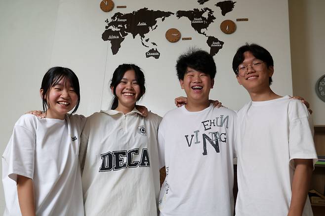 Students pose for a picture during a class at the Hae Mill School in Hongcheon County, Gangwon, on July 8, 2024. [JANG JIN-YOUNG]