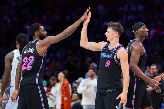 마이애미의 위긴스(왼쪽)와 라르손. 사진[Sam Navarro-Imagn Images/로이터=연합뉴스]