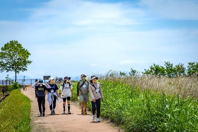 순천시가 올해 걷기 여행을 비롯해 흑두루미 탐조, 소리 치유 등 다양한 콘텐츠를 확충해 ‘머무는 치유 관광 도시’로 도약한다. 사진은 관광객들이 남파랑길 코스를 걸으며 자연을 만끽하고 있는 모습.<순천시 제공>