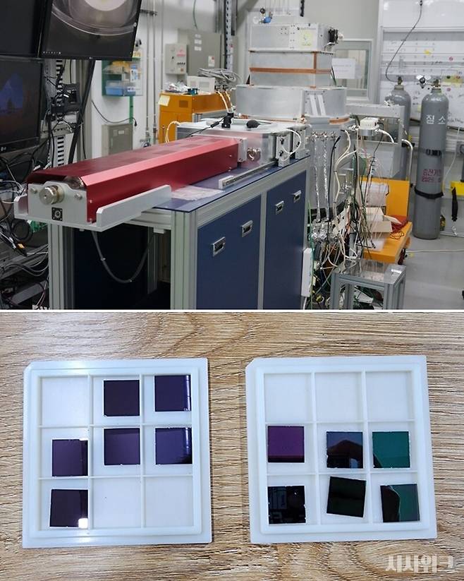 방사선·플라즈마·진공·열전달·물질 거동을 정밀하게 제어가 필수다. 이 기술 및 원리, 이론은 모두 핵공학 분야에서 파생된 것이다. 사진은 한국핵융합에너지연구원 군산 플라즈마연구소의 산화막 식각 공정장비(위)와 플라즈마 식각 공정을 마친 반도체 웨이퍼의 모습(아래). 실리콘 산화막 두께 차이로&nbsp;기존의 푸른빛을 띈 보라색(좌측)에서 청록색 빛(우측)으로 바뀌었다./ 사진=시사위크DB