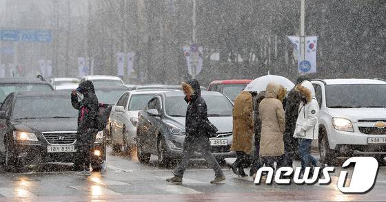 19일 대전·충남은 아침 사이 가끔 비 또는 눈이 내릴 것으로 에보됐다. 대전 서구 한 거리 신호등에서 시민들이 눈을 맞으며 걷고 있다. /뉴스1 ⓒ News1