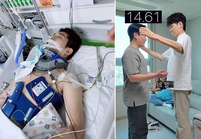 2017년 7월 사고 당시 울산대병원에 입원 중인 박진성씨의 모습. 오른쪽은 지난해 8월 박위 인스타그램에 올라온 박씨가 홀로 15초를 버티며 서 있는 모습. 박씨 제공·인스타그램 캡처