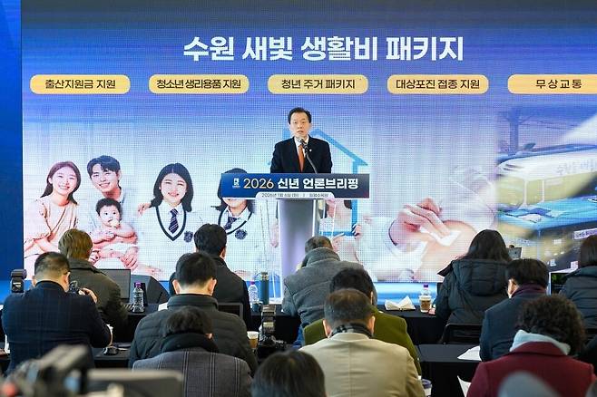 ▲ 지난 6일 수원시 신년 브리핑에서 이재준 수원특례시장이 새빛 생활비 패키지에 대한 설명을 하고 있다. / 사진제공=수원특례시