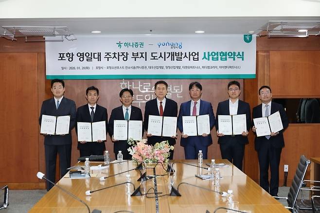 ▲ 포항시는 20일 서울 여의도 하나증권 본사 사옥에서 영일대해수욕장 공영주차장 부지를 활용한 도시개발사업에 대한 사업협약을 체결했다.