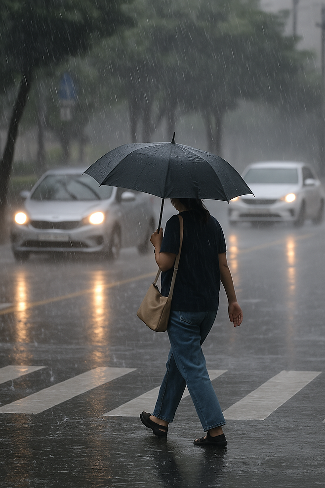대구 시내 한 도로에서 한 시민이 우산을 쓴 채 횡단보도를 건너고 있다. 굵은 빗줄기 속에서도 차량 불빛이 젖은 아스팔트 위에 반사되며 흐릿한 여름날의 긴장을 더한다. <이미지=생성형 AI>