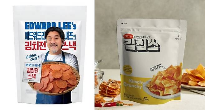 GS25의 '에드워드리 셰프의 김치전스낵'(왼쪽)과 더다믐의 '김칩스'.(사진=각사)