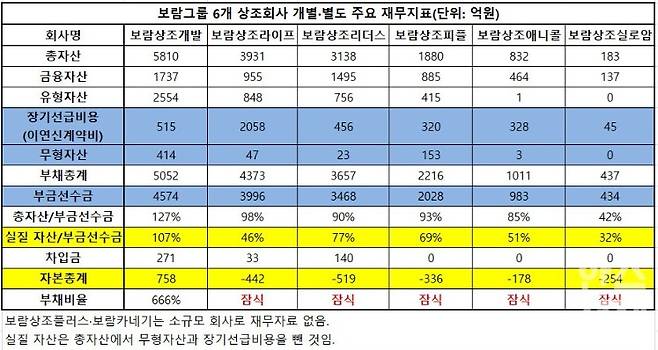 2024년 기준 보람그룹 6개 상조회사 개별·별도 재무지표. 금융자산은 현금및현금성자산·장단기금융상품·장단기대여금·매도가능증권·당기손익-공정가치측정금융자산·기타포괄손익-공정가치측정금융자산·상각후원가금융자산·보증금 등을 합산한 수치임. / 자료=금융감독원, 표=이채연 기자