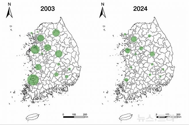 ▲최근 20년간 배추 시도별 재배면적 변화 추이 (좌)2003년 (우)2024년 ©newstree