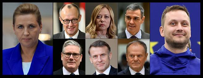 메테 프레데릭센(왼쪽 첫번째) 덴마크 총리, 그린란드 정부 수반 옌스-프레데릭 닐센(오른쪽 첫번째) 총리. (가운데 작은 사진 왼쪽 위부터 시계방향으로) 프리드리히 메르츠 독일 총리, 조르자 멜로니 이탈리아 총리, 페드로 산체스 스페인 총리, 도날트 투스크 폴란드 총리, 에마뉘엘 마크롱 프랑스 대통령, 키어 스타머 영국 총리 (사진=AFP)