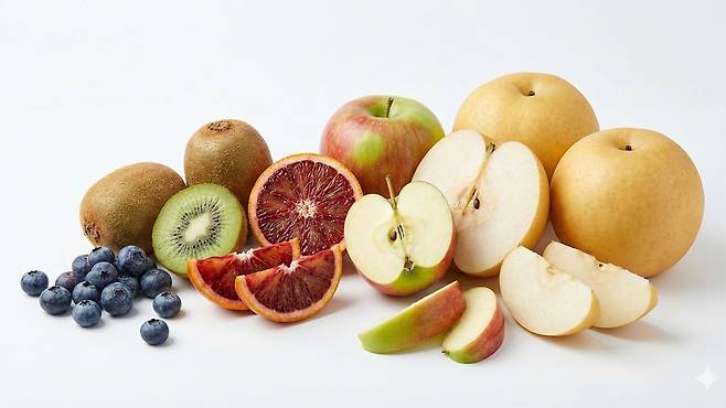 사과, 블루베리 등 과일은 말리거나 갈지 않고, 되도록 껍질째 소량 섭취를 권장한다｜출처: Gemini 생성