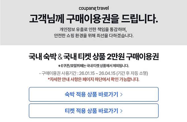 쿠팡 트래블 구매이용권(보상쿠폰) 안내문. 작은 글씨로 'E쿠폰/호텔뷔페는 국내 티켓 상품에서 제외됩니다'라고 적혀있다. /쿠팡 트래블 캡처