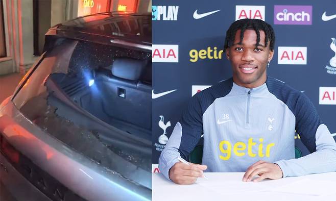 파손된 2억 6천 상당의 레인지로버 차량(스냅챗=우도기)과 데스티니 우도기(사진=토트넘)