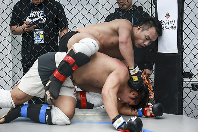 ‘수원 들소’ 김영훈이 챔피언으로 참가한 KMMA 라이트헤비급 타이틀 1차 방어전에서 도전자 ‘썬더스톰’ 박준현을 그라운드 앤드 파운드로 공격하고 있다. 사진=뽀빠이연합의원KMMA파이터에이전시 제공