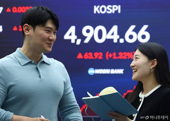 코스피지수가 전거래일(4840.74)보다 63.92포인트(1.32%) 오른 4904.66에 마감한 19일 오후 서울 중구 우리은행 본점 딜링룸에 지수가 표시돼 있다.  /사진=뉴시스 /사진=황준선