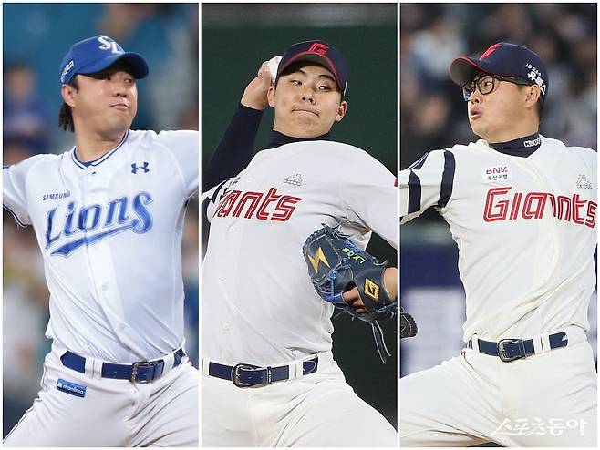 롯데의 주요 과제 중 하나는 불펜 과부하 해소다. 2차 드래프트로 이적한 최충연, 지난달 상무에서 전역한 이진하, 이태연(왼쪽부터)이 부담을 나눌지 관심이 쏠린다. 사진제공｜삼성 라이온즈·롯데 자이언츠