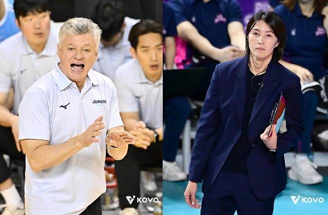 헤난 달 조토 대한항공 감독(왼쪽)과 요시하라 도모코 흥국생명 감독 [한국배구연맹 제공. 재판매 및 DB 금지]