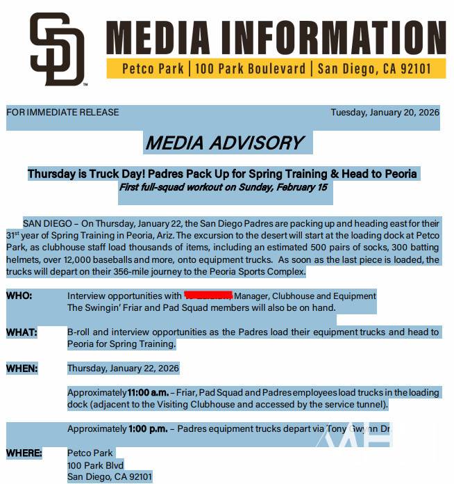 (샌디에이고 구단이 MHN에 보내온 '트럭데이' 관련 보도자료)