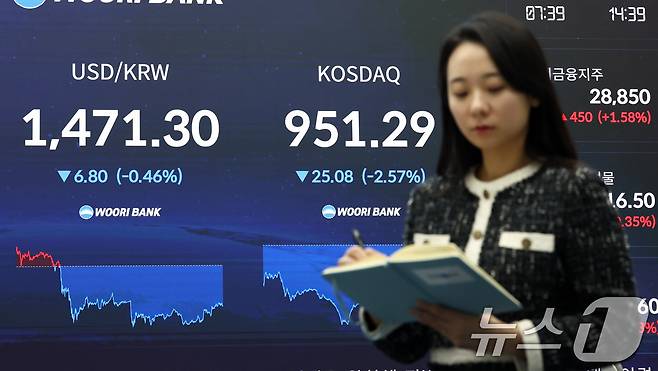 21일 오후 서울 중구 우리은행 본점 딜링룸 전광판에 달러·원 환율과 코스닥 지수가 표시되어 있다. 2026.1.21/뉴스1 ⓒ News1 최지환 기자