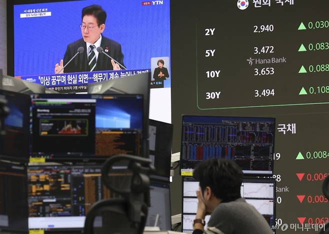 [서울=뉴시스] 김근수 기자 = 21일 오전 서울 중구 하나은행 딜링룸 전광판에 이재명 대통령 신년 기자회견 뉴스화면이 나오고 있다. 2026.01.21.