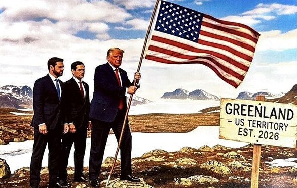 도널드 트럼프 미국 대통령(오른쪽)이 20일(현지시간) 트루스소셜에 덴마크령 그린란드에 성조기를 들고 있는 합성사진을 게재하며 그린란드 병합 의지를 재차 드러냈다. [트루스소셜 캡처[