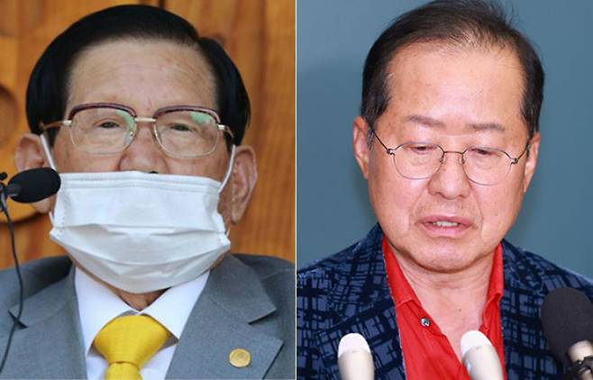 신천지 이만희 교주와 홍준표 전 대구시장. 연합뉴스
