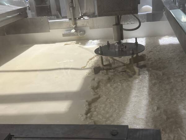 풀무원 음성 두부공장 생산라인에서 자동화 설비를 통해 두부가 성형·이송되고 있는 모습. [출처=전제형 기자]