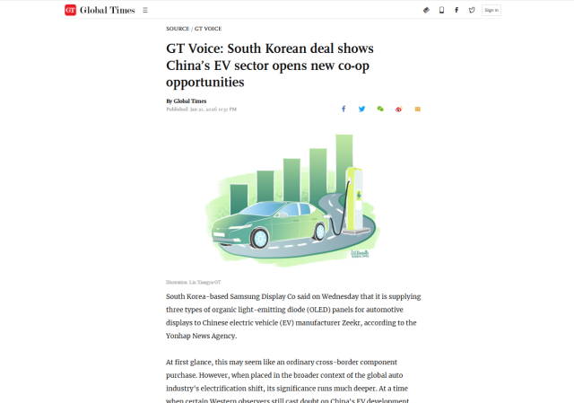 글로벌타임스는 22일자 사평에서 삼성디스플레이와 중국 전기차 지커와의 협력 사례를 소개했다. [사진=글로벌타임스 홈페이지