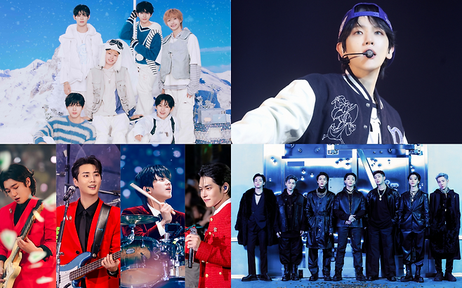 그룹 킥플립(왼쪽 위부터 시계 방향으로), 백현, 방탄소년단, 데이식스. (사진제공=JYP엔터테인먼트, INB100, 빅히트 뮤직)