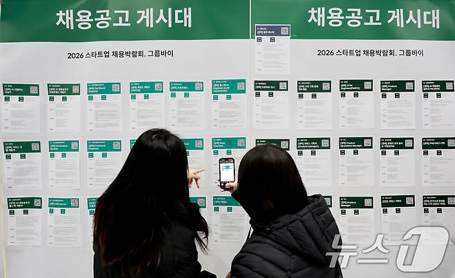 서울 강남구 코엑스에서 열린 ‘2026 스타트업 채용박람회’를 찾은 구직자들이 채용공고 게시대를 살펴보고 있다. 2026.1.11/뉴스1 ⓒ News1 이호윤 기자