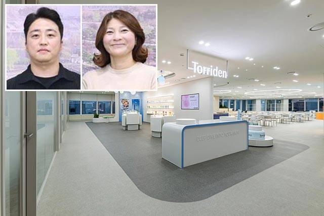 토리든이 지난해 12월 말, 서울 송파구 잠실 롯데월드타워 26층에 입주했다. 왼쪽 작은 사진은 권인구, 이윤희 공동대표. /토리든, 대전 서구