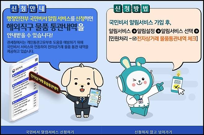 국민비서 알림서비스를 신청하면 해외직구 물품 통관내역을 안내받을 수 있다. (출처 = 관세청 전자통관시스템&nbsp;누리집)