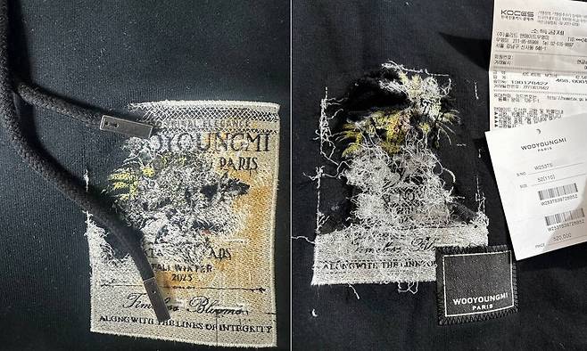 조아무개(38)씨가 선물 받은 우영미 후드티셔츠(왼쪽), 김아무개(33)씨가 구매한 우영미 후드티셔츠(오른쪽). 흰색 플라워 자수 안쪽에 야자수 프린트가 새겨져 있다. 각각 조씨, 김씨 제공