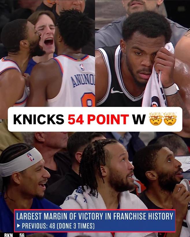 NBA 뉴욕이 22일 브루클린을 54점 차로 완파했다. 구단 역사상 최다 득점 차 승리다. 반대로 브루클린은 이날 4쿼터까지 단 66점을 넣는 데 그쳤다. 사진=블리처리포트 SNS