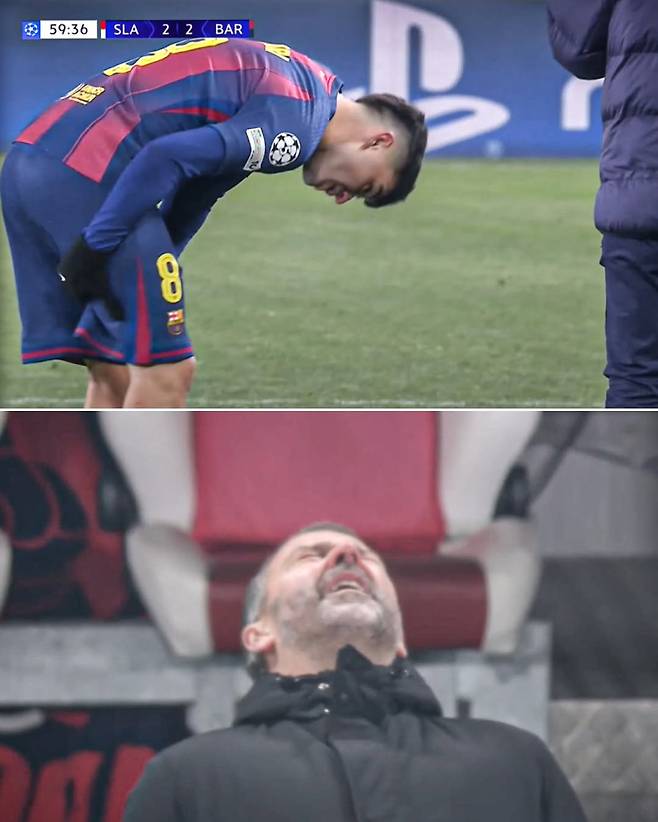 22일 프라하와의 2025~26 UCL 리그페이즈 7차전 중 페드리(위)가 햄스트링을 다치자 크게 탄식한 거로 알려진 플릭 바르셀로나 감독. 사진=ESPN