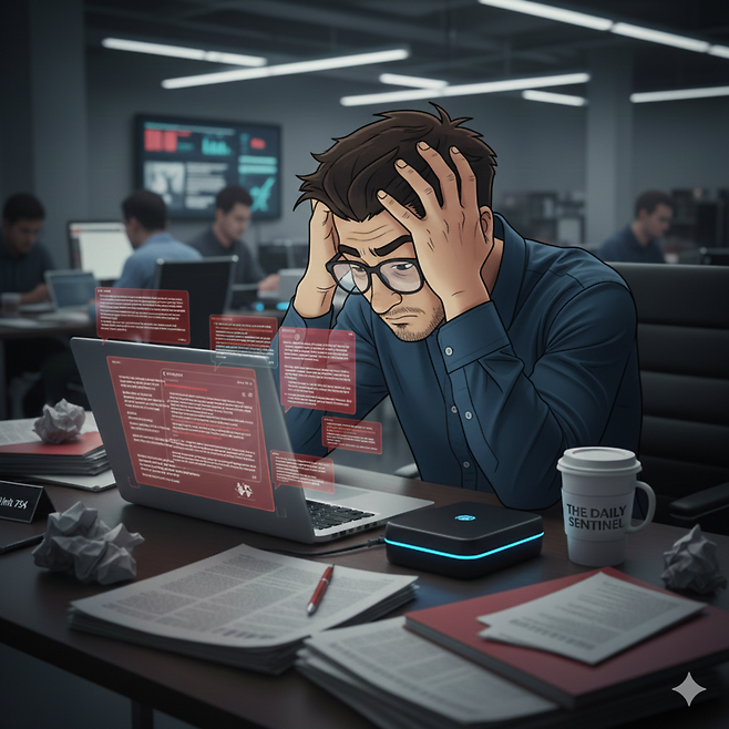 ‘AI 교열로 어려움을 겪고 있는 기자의 모습’을 제미나이로 생성한 AI 이미지. 조선일보는 지난해 12월 AI 교열 전면 도입 이후 ‘바로잡습니다’ 게재 건수가 증가한 것으로 나타났다.