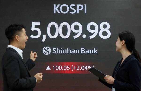 코스피가 장중 5000을 넘어선 가운데 22일 서울 중구 신한은행 본점 로비에서 딜러들이 미소 짓고 있다. 신한투자증권 제공