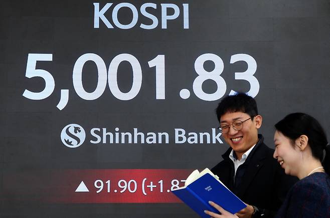 22일 오전 10시 50분 신한은행 딜링룸에서 딜러들이 코스피 5000 돌파를 기뻐하고 있는 모습. [신한은행]