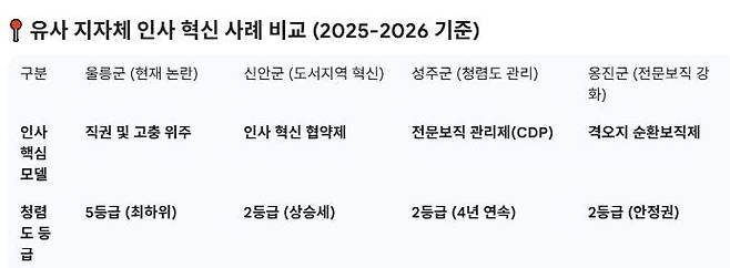 울릉군과 유사한 지자체의 인사 혁신 사례 비교표. /구글 AI 제작