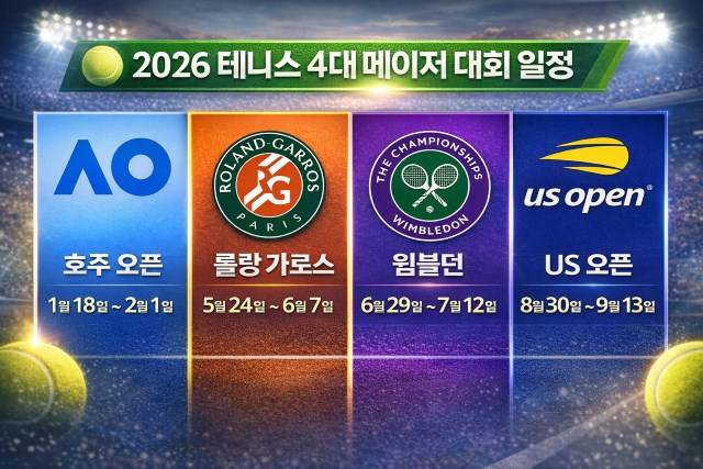 2026년 테니스 4대 메이저 대회 일정. 호주오픈에서는 알카라스가, 프랑스오픈에서는 시너가 각각 그랜드슬램에 도전한다. '빅3' 시대의 마지막 주자인 조코비치는 1승만 추가하면 남녀 통산 역대 메이저대회 최다 우승(25)의 대기록을 세우게 된다. /챗GPT