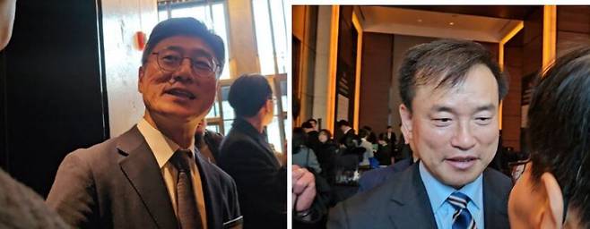 23일 서울 여의도 콘래드 호텔에서 열린 방송미디어통신인 신년 인사회에 참석한 정재헌(왼쪽) 한국정보통신진흥협회장(SK텔레콤 CEO)과 김종철 방송미디어통신위원회 위원장./안상희 기자