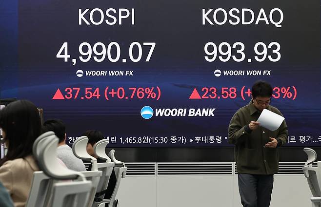 23일 서울 중구 우리은행 본점 딜링룸 전광판에 종가가 표시되고 있다.  이날 코스피는 전 거래일 대비 37.54.포인트(0.76%) 오른 4990.07, 코스닥은 전 거래일 대비 23.58포인트(2.43%)상승한 993.93로 장을 마쳤다. 2026.1.23/뉴스1